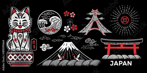 Japanese culture symbols illustration with maneki neko mount fuji torii gate and sakura