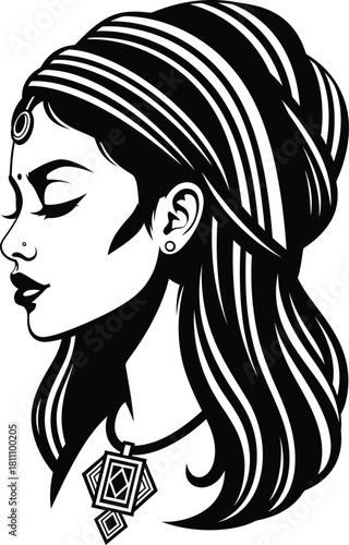 Indian woman portrait vector art turban jewelry illustration design eps silhouette
