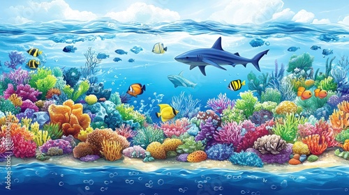 Underwater Coral Reef Scene with Tropical Fish and Sharks