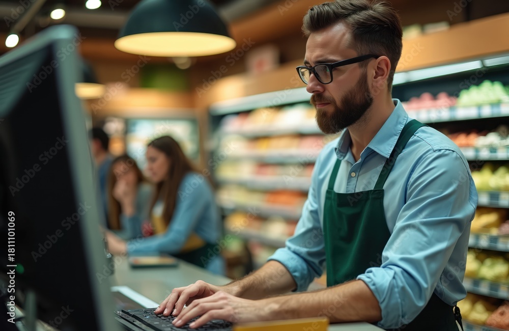 Fototapeta premium Man with glasses and beard works at grocery store checkout. He wears an apron and types on a keyboard near produce shelves. Customers wait in line behind him.
