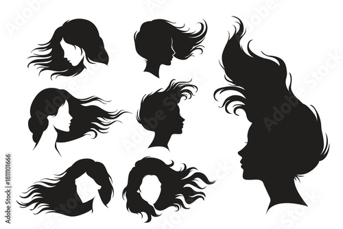 Vector illustration of female silhouettes with flowing hair in different styles.