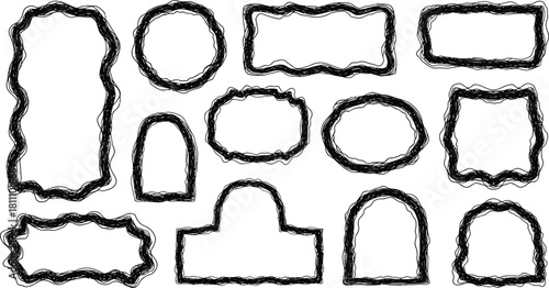 Wavy edge shapes frame box vector illustration isolated on white. Squiggle curve doodle rectangle and oval sketch.