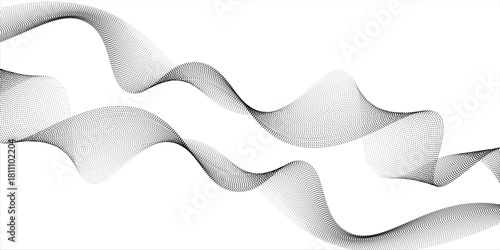 Dotted wave line background. Black halftone undulate pattern. Abstract particle flow wave wallpaper. Curved dashed gradient net design element for poser, banner, presentation, booklet, flyer. Vector