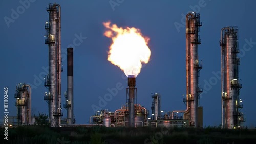 Oil refinery at dusk, flare stack emitting fire under a night sky, for industrial imagery