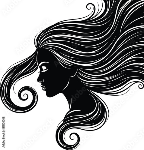 Woman silhouette with flowing hair vector art beauty salon illustration eps