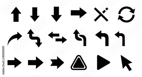 Collection of various directional and navigation arrows, road signs, and cursors used in user interfaces and maps