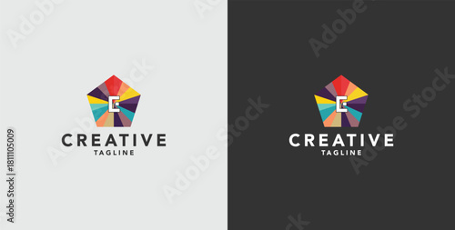 Digital colorful abstract icons, elements and symbols with initial E logo, template