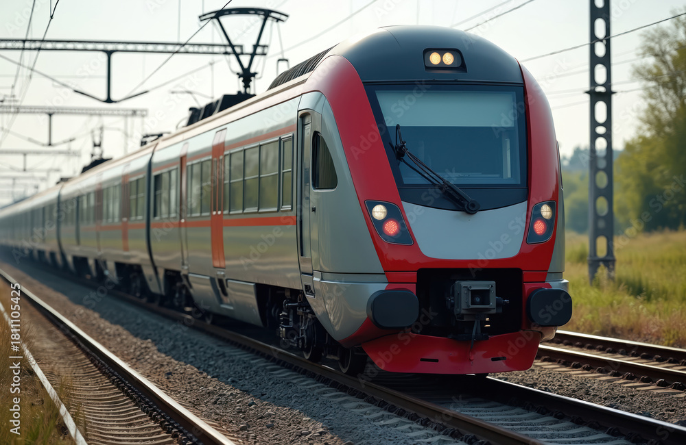 Naklejka premium Modern electric passenger train moves on railroad tracks through countryside. Commuter vehicle travels at speed on railway lines, connecting cities and towns for daily journeys.
