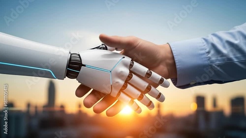 Advancement in Technology, robot hand shaking a human hand with city view background