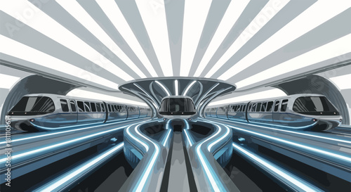 A futuristic 3D render of a sleek, neon-lit tunnel with a vektor-inspired design and aksen neon accents, set against a white background with grey stripes. Perfect for sci-fi movies,