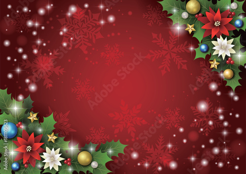 クリスマス背景、赤、ポインセチア、雪、柊、かわいい、イラスト、横