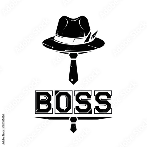 Stylized Black and White Boss Hat and Tie Graphic Design.