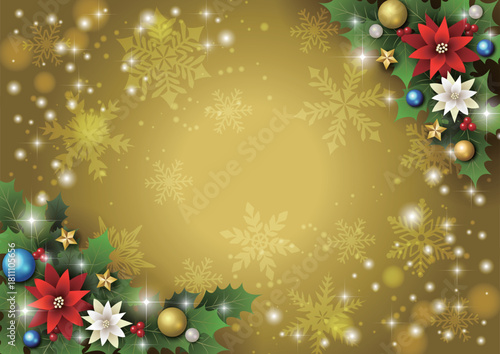 クリスマス背景、金、ポインセチア、雪、柊、かわいい、イラスト、横