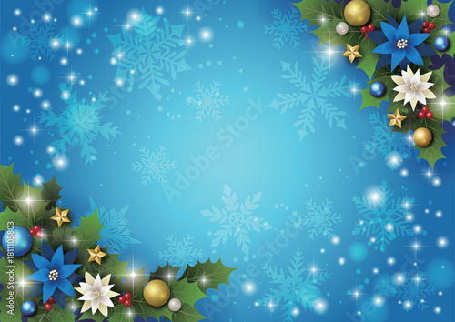 クリスマス背景、青、ポインセチア、雪、柊、かわいい、イラスト、横