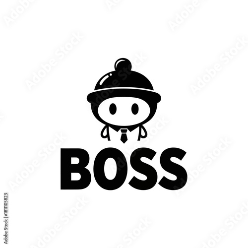 Cute cartoon boss character with a helmet and tie logo.