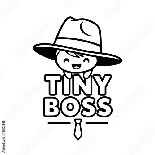 Adorable smiling tiny boss character with a big fedora hat.