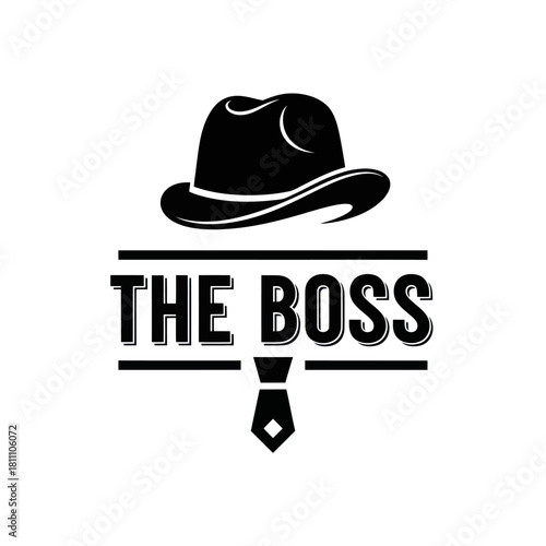 Monochrome Emblem Featuring a Fedora Hat, The Boss Text, and a Tie Icon.