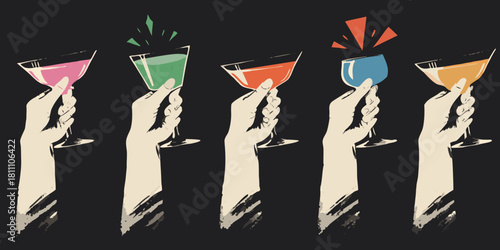 Hands holding colorful cocktails in celebration and toasting illustration