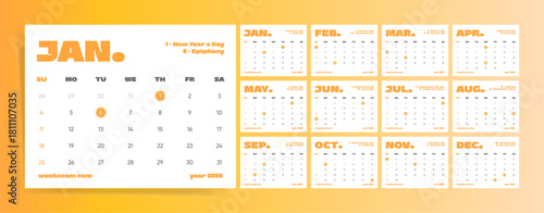 Orange Holiday Icon Wall Planner 2026. Minimal Monthly Calendar Layout with Highlighted Events, Sunday Start Printable