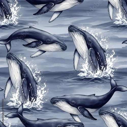 A seamless illustrative pattern of majestic humpback whales breaching and splashing in the deep blue ocean water
