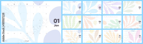 Calendar 2026 Abstract Pastel Botanical Wall Planner, Large Monthly Grid with Sunday Start
