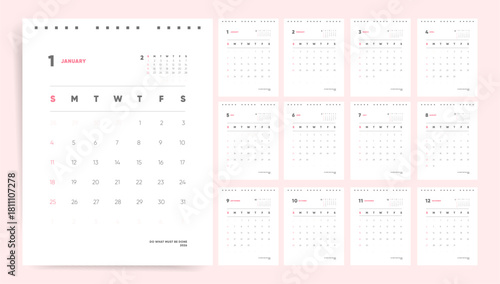 Calendar 2026 Minimal Pastel Pink Wall Planner with Mini Overview and Motivational Quote, Sunday Start. Vector Printable Calendar Planner Template Design for 2026 year