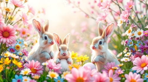 Springtime Bunny Gathering: Capturing the vibrant essence of spring, three adorable bunnies are surrounded by a tapestry of colorful blossoms, evoking feelings of joy and renewal.