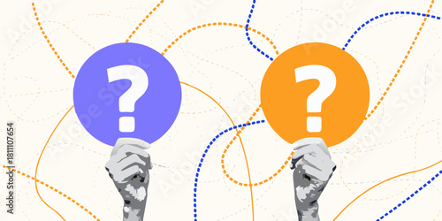 Hands holding question marks in purple and orange circles on patterned background