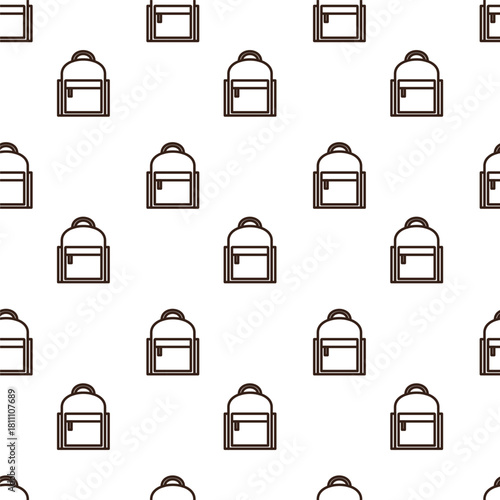 line art pattern of backpack. It features a main body in a light orange or peach color with dark brown outlines. There's a handle at the top and a rectangular front pocket