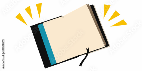 Open book with blank pages and yellow accents on white background