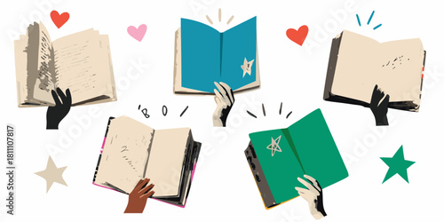 Hands holding open books with stars and hearts illustration