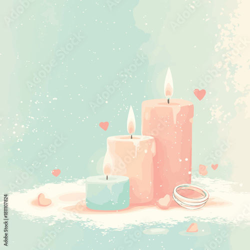 Romantic anniversary background featuring textured pastel colors, candles and rings , vector style simple color