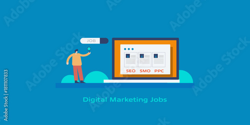 Candidate with magnifier searching digital marketing job listing, identifying opportunities for expert role in SEO, SMO or PPC. 