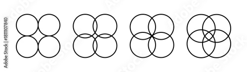 Four intersecting circles set. Circle Venn diagram with four parts. Infographic chart line icon. 4 overlap balance elements diagram. Vector illustration isolated on white background.