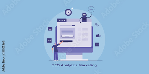 User interacts with search overview section, computer screen surrounded with SEO marketing elements, AI driven analytics for search audience targeting.