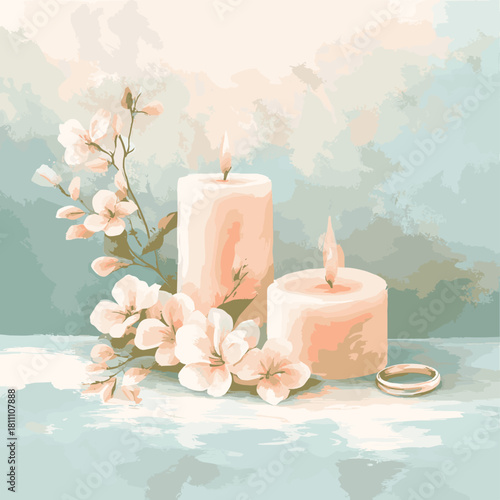Romantic anniversary background featuring textured pastel colors, candles and rings , vector style simple color