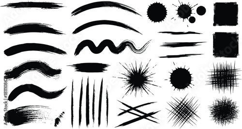Mega bundle of different ink brush strokes:rectangle,square and round freehand drawings.Ink splatters,grungy painted lines,artistic design elements