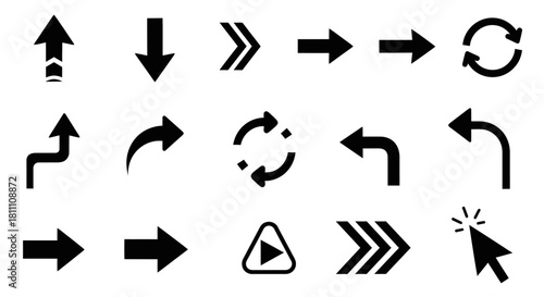Diverse Collection of Black Arrow Icons for User Interface Navigation, Web Design Elements, and Directional Indicators