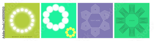 Collection of four abstract digital art compositions showcasing circular light effects, intricate geometric patterns, and stylized shapes in bright green, purple, and teal color palettes