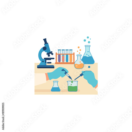 Science Lab Scene With Microscope, Beakers, Pipettes, And Test Tubes For Experiments
