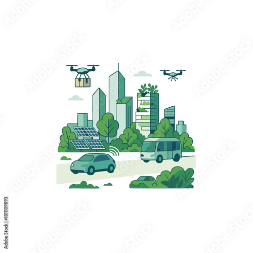 Eco City Skyline With Drones, Green Vehicles, and Lush Trees in a Modern Urban Landscape