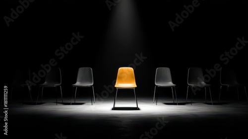A single vibrant orange chair stands out in a circle of muted black chairs under a spotlight in a dark setting, emphasizing uniqueness and individuality.