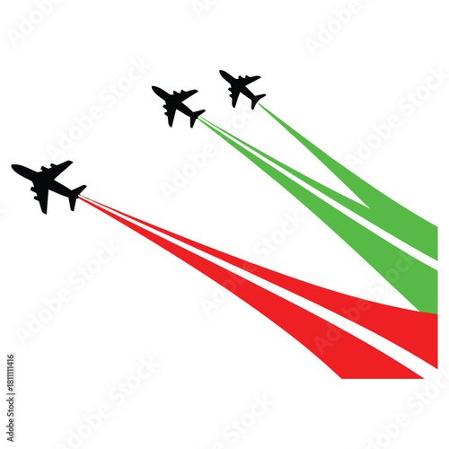 Dynamic airplane formation with vibrant red and green contrails soaring through the sky, perfect for aviation enthusiasts and travel promotions