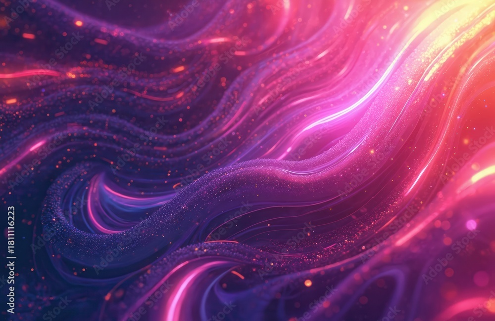 Obraz premium Abstract swirling lines of purple, pink neon lights with sparkling particles. Dynamic waves of energy flow create vibrant, glowing, futuristic backdrop. Smooth textures blend with bright illumination