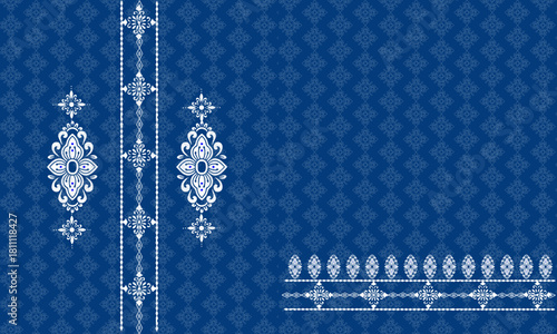 Elegant Blue Ornamental Damask Pattern with Intricate White Floral Motifs