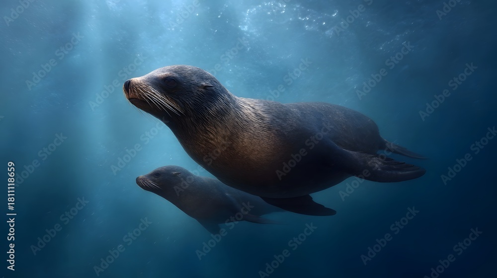 Obraz premium Two seals an adult and a pup swim gracefully in the clear blue underwater world illuminated by sunbeams