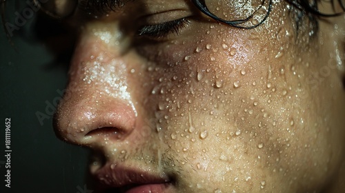 Intense close-up of a man's face glistening with sweat after a powerful workout, showing dedication and physical exertion in fitness
