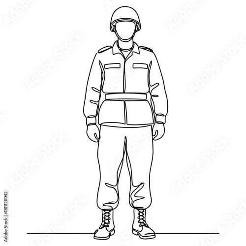 Striking Line Art Depiction of Soldier in Uniform with Helmet, Perfect for Patriotic Themes and Military Appreciation Projects with Clean Modern Style