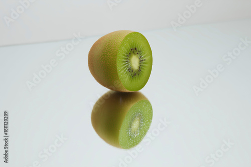 Kiwi on Mirror Surface Reflecting Freshness and Natural Beauty