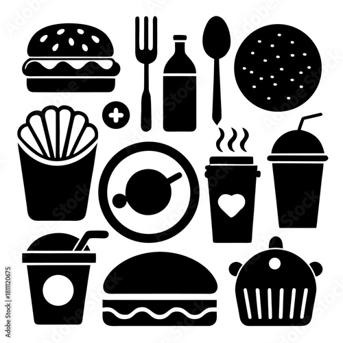 A black and white graphic illustration featuring various fast food items, drinks, and utensils arranged in a collage.